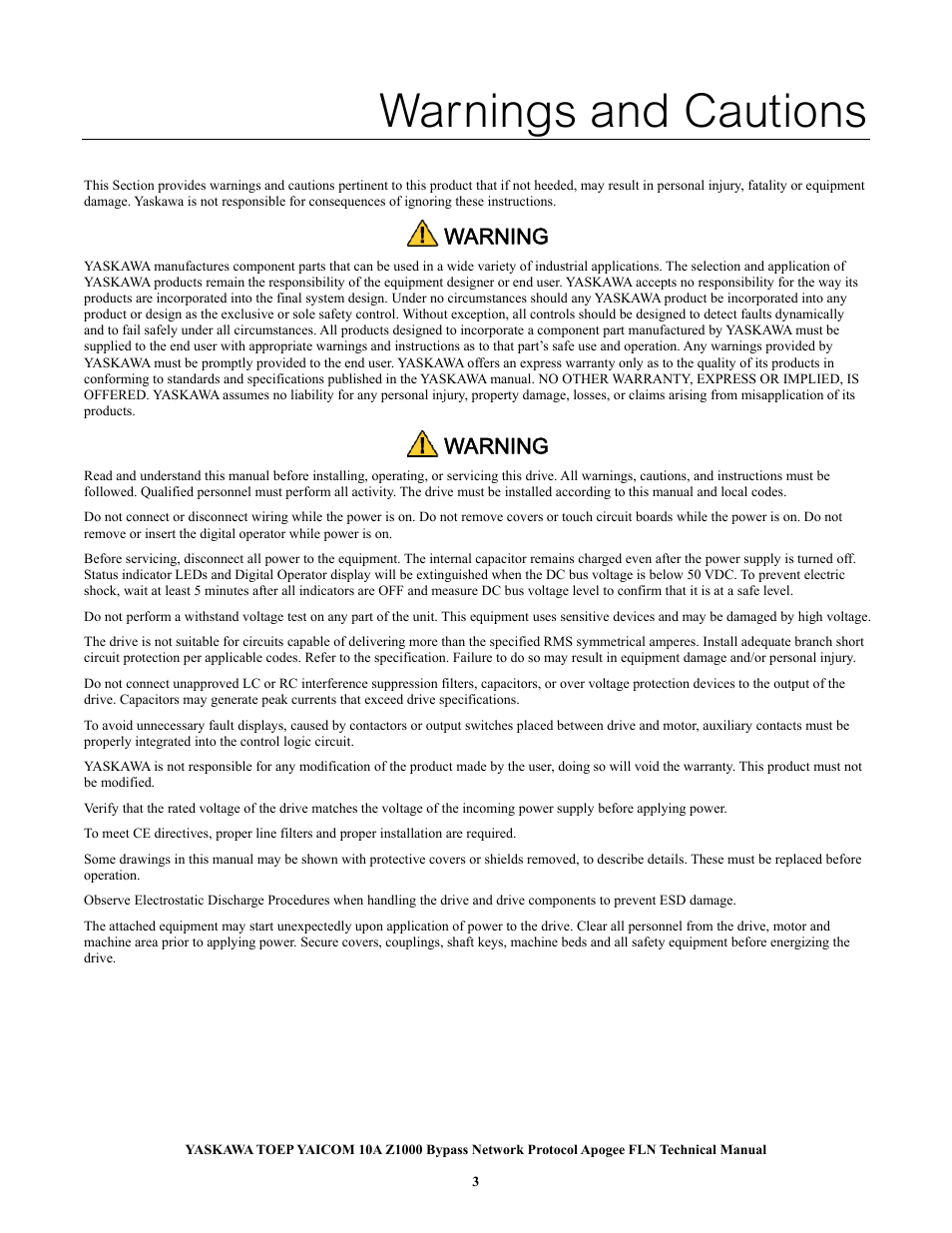 Warnings and cautions, Warning | Yaskawa APOGEE FLN User Manual | Page 3 / 31