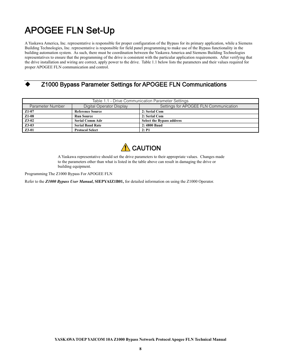 Apogee fln set-up, Caution | Yaskawa APOGEE FLN User Manual | Page 8 / 31