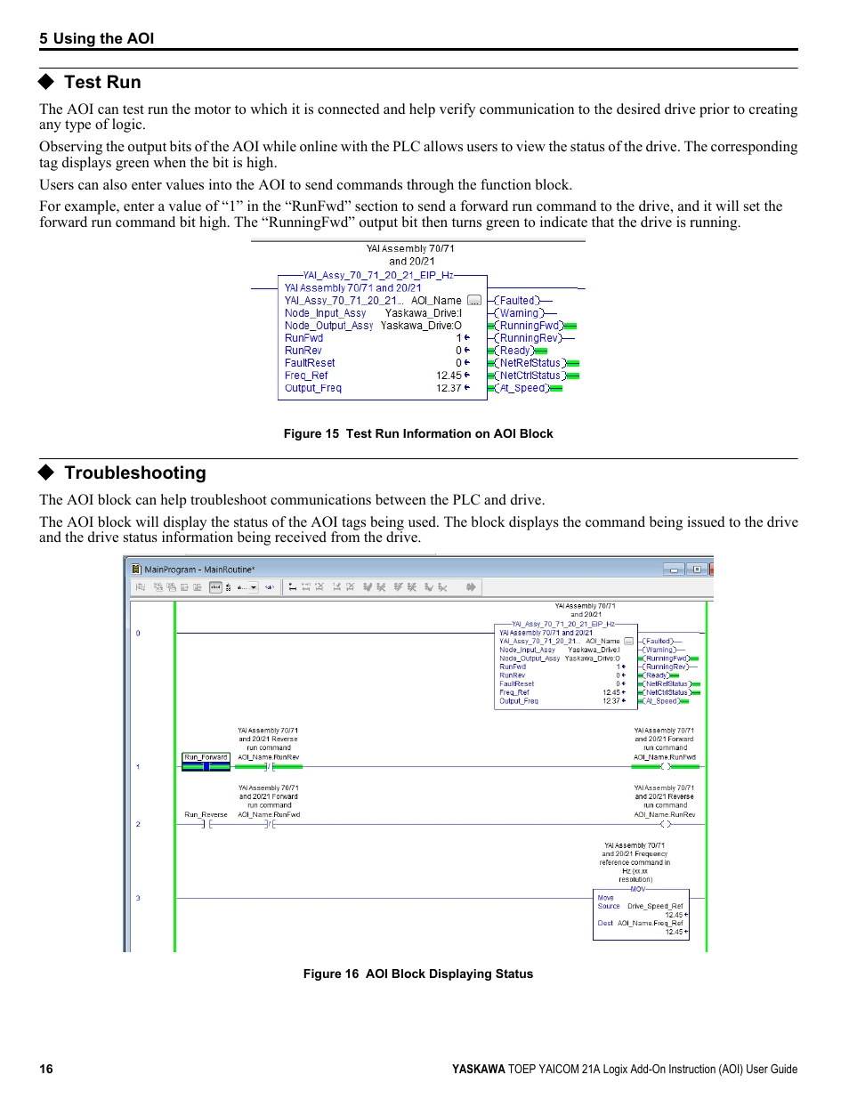 Test run, Troubleshooting | Yaskawa AOI User Manual | Page 16 / 22