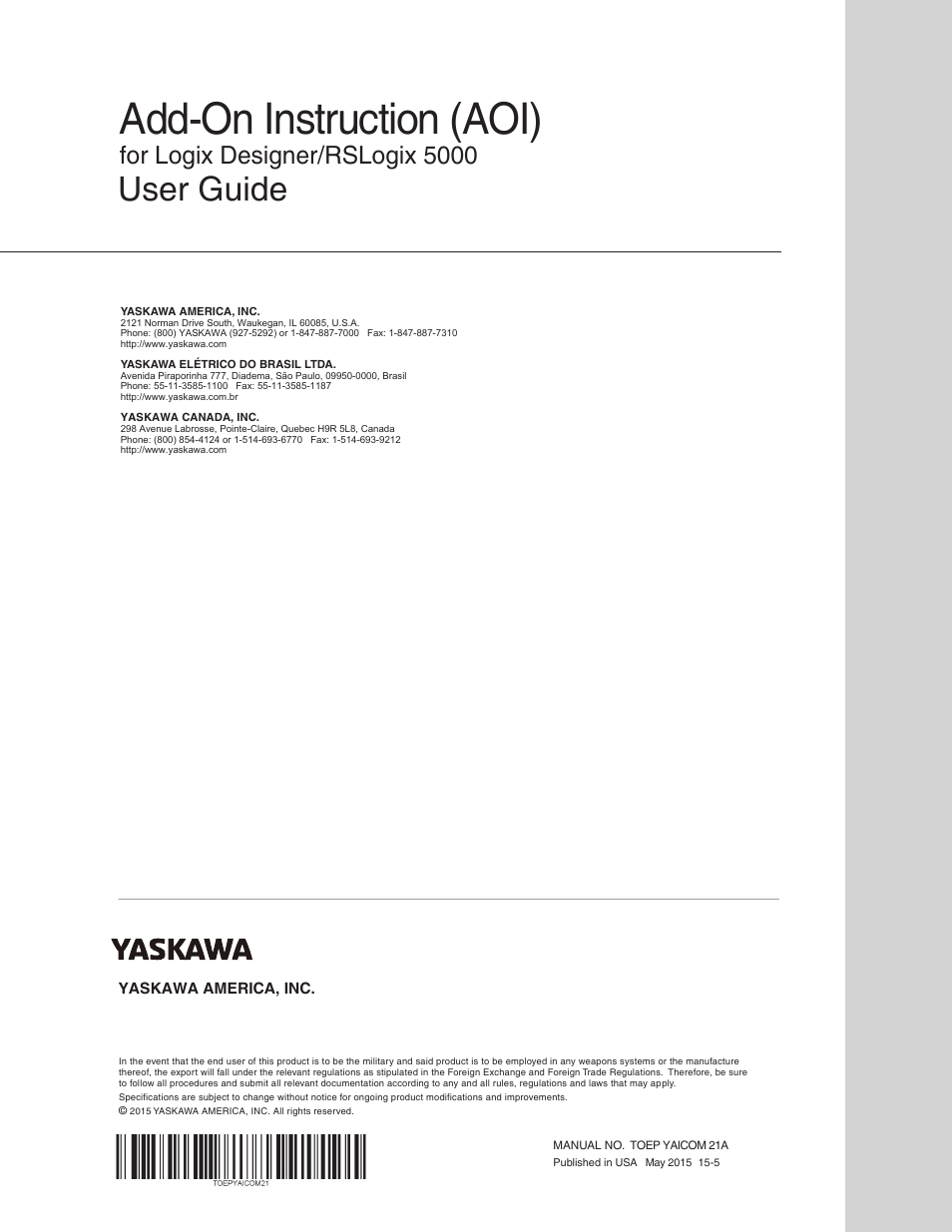 Add-on instruction (aoi), User guide, For logix designer/rslogix 5000 | Yaskawa AOI User Manual | Page 22 / 22