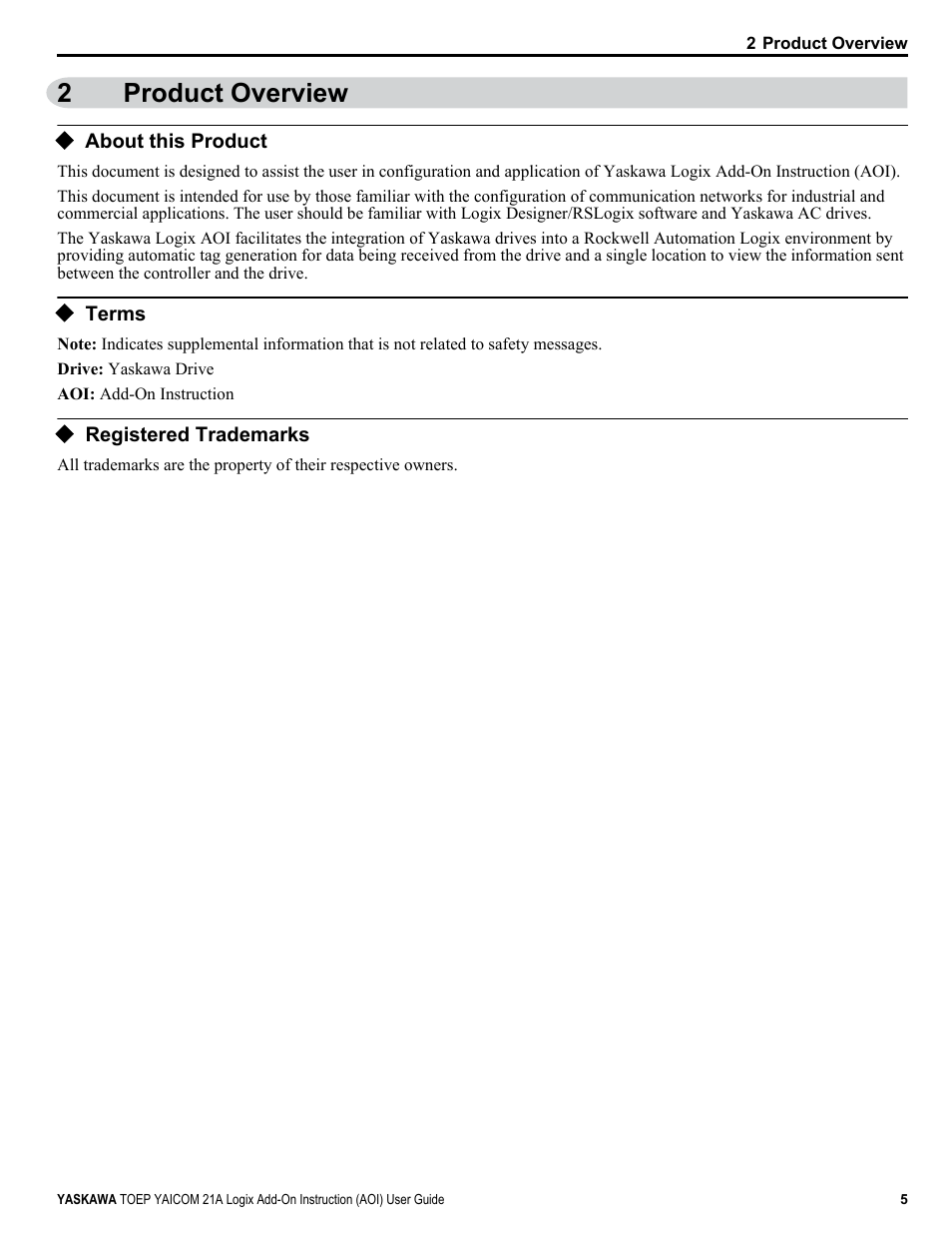 Product overview, About this product, Terms | Registered trademarks, 2product overview | Yaskawa AOI User Manual | Page 5 / 22