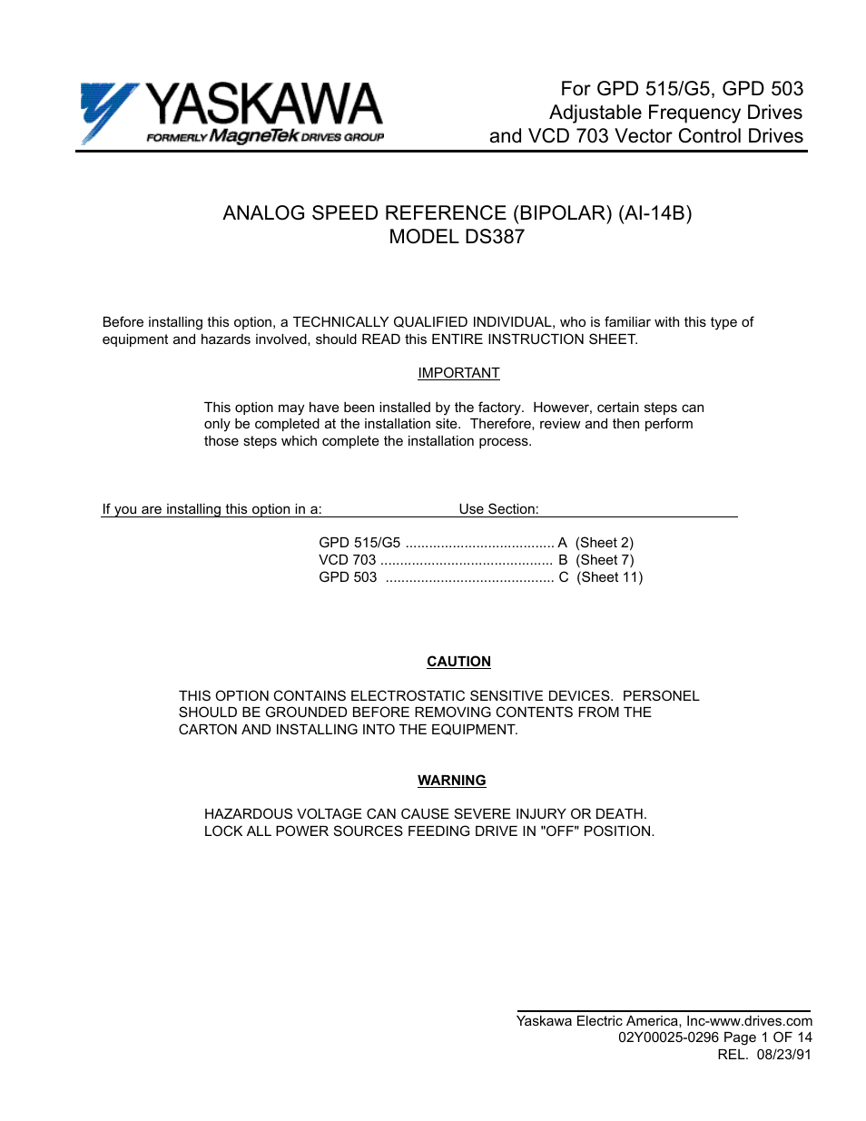 Yaskawa DS387 User Manual | 14 pages