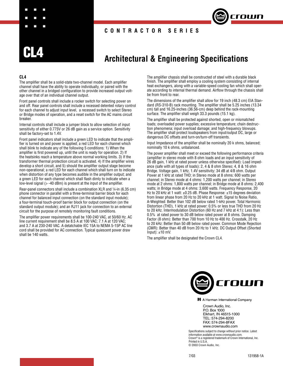 Crown Audio CL4 User Manual | 1 page