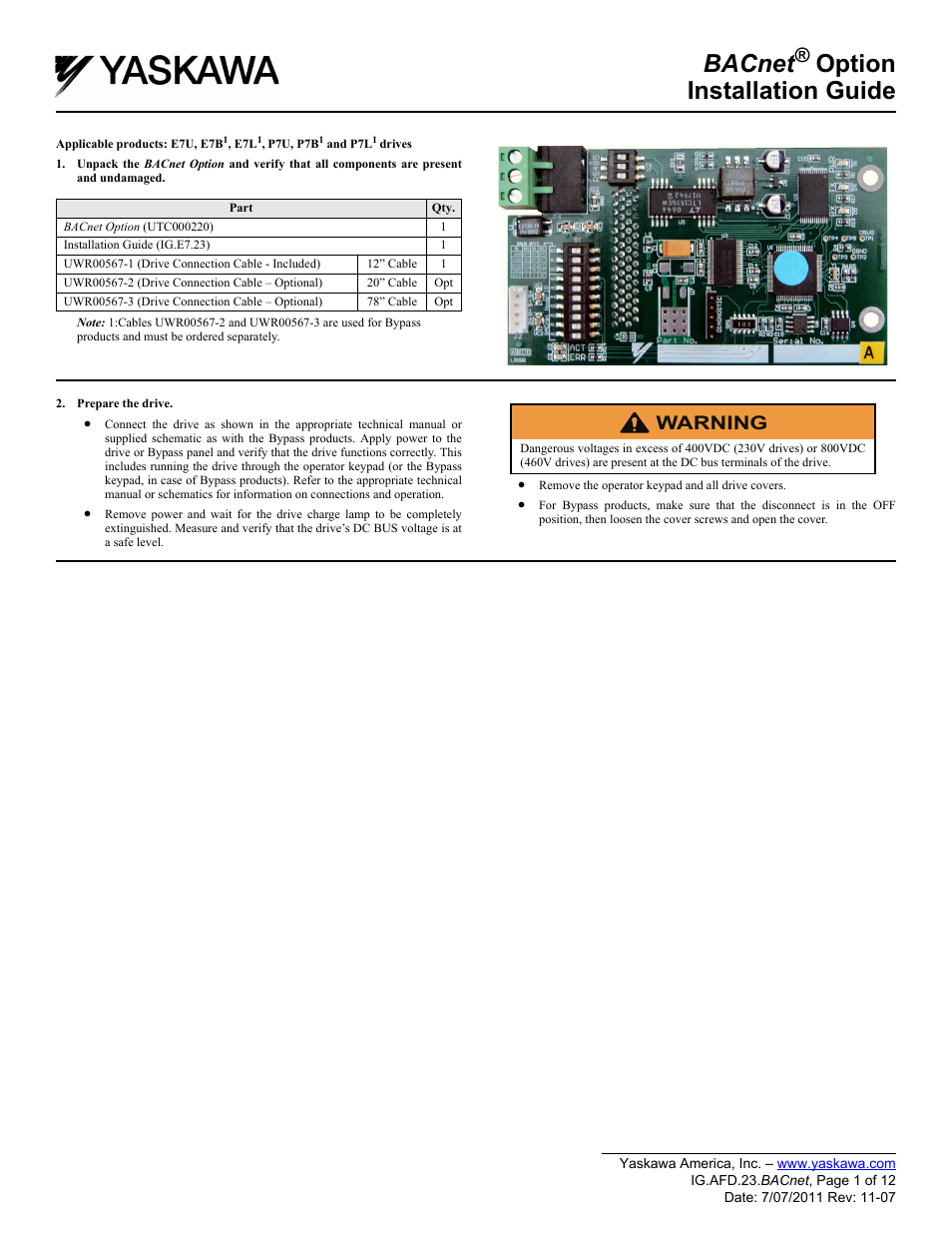 Yaskawa BACnet Option User Manual | 12 pages