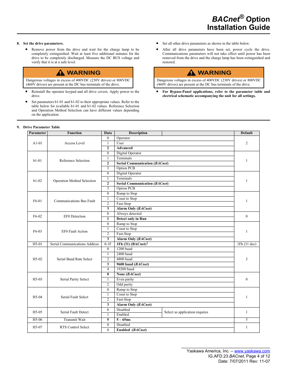 Bacnet, Option installation guide, Warning | Yaskawa BACnet Option User Manual | Page 4 / 12