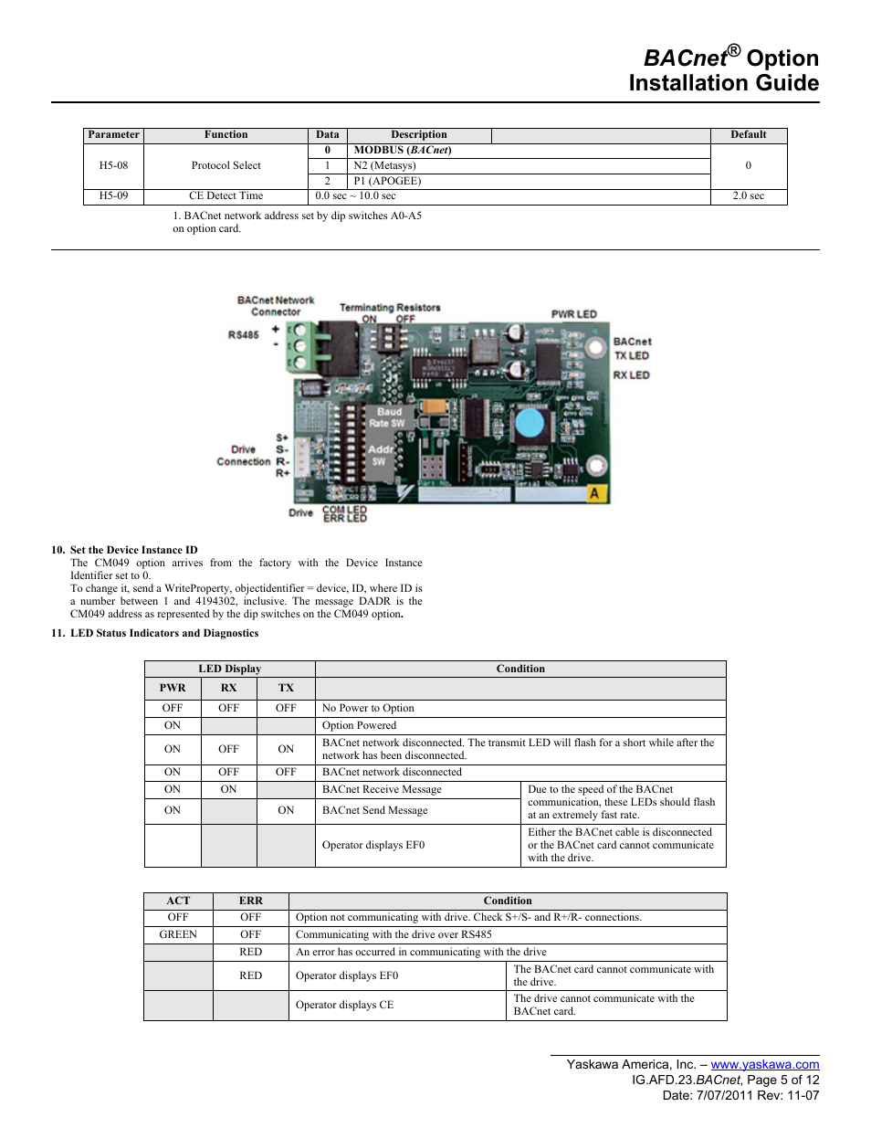 Bacnet, Option installation guide | Yaskawa BACnet Option User Manual | Page 5 / 12
