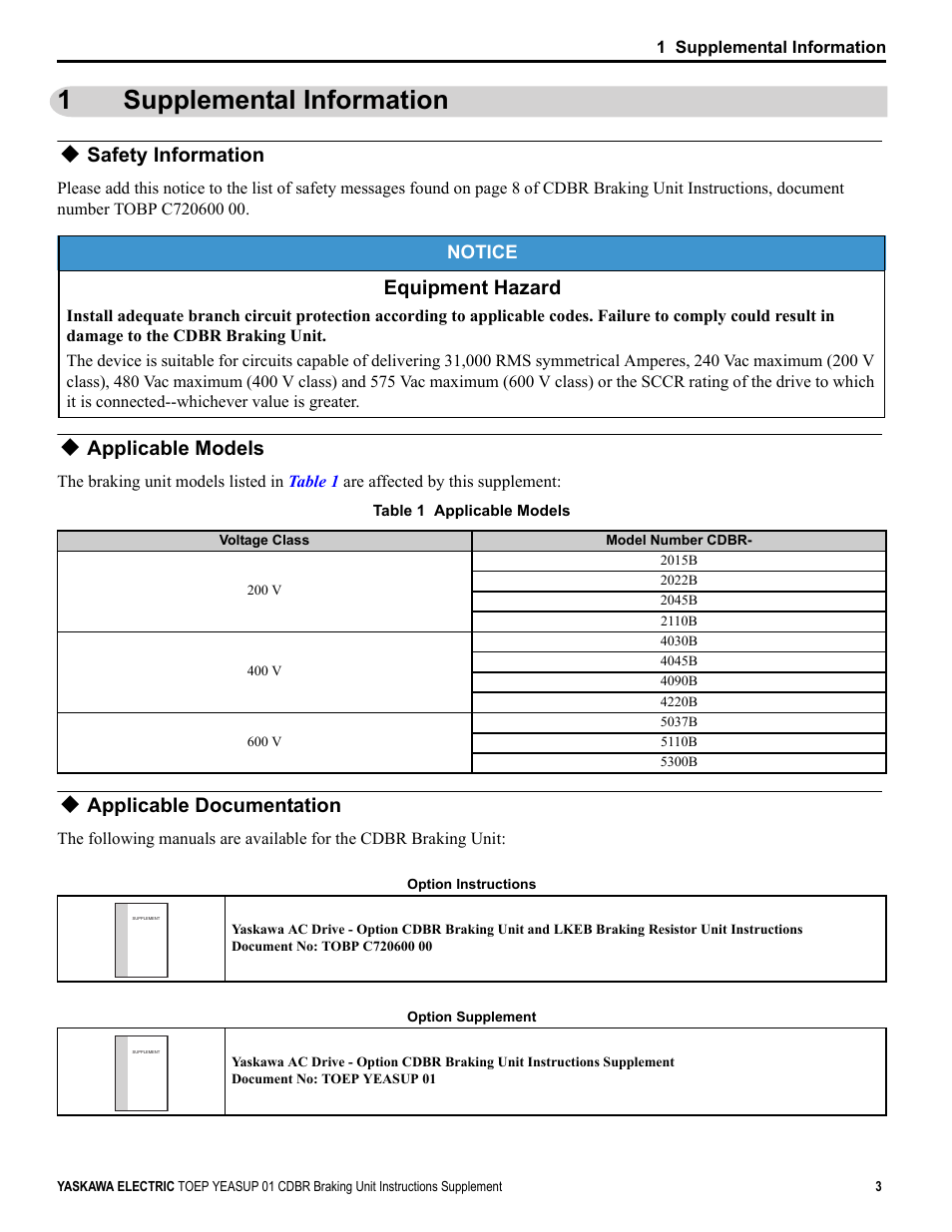 1 supplemental information, Safety information, Applicable models | Applicable documentation, 1supplemental information, Equipment hazard | Yaskawa CDBR Braking Unit Supplement User Manual | Page 3 / 4