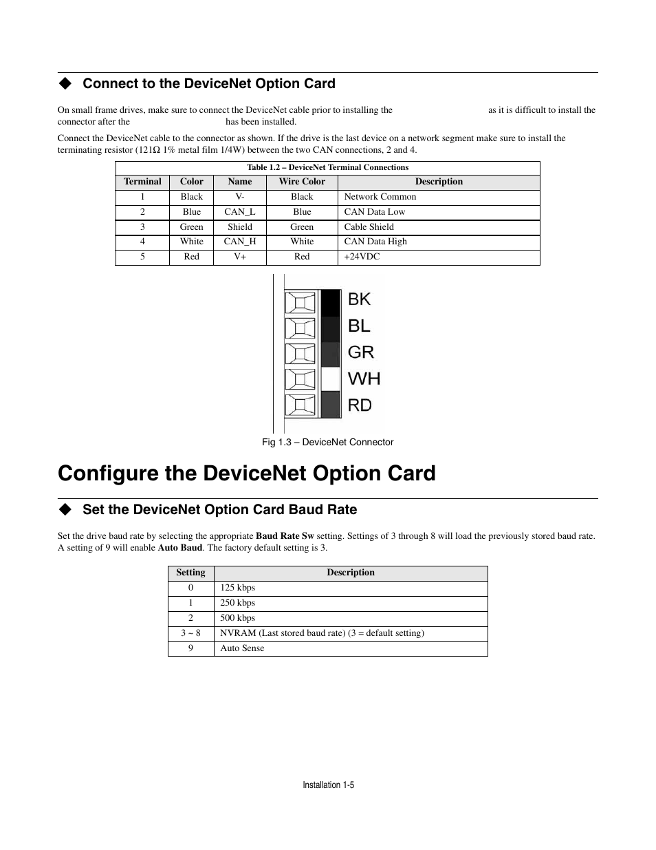 Connect to the devicenet option card, Configure the devicenet option card, Set the devicenet option card baud rate | Configure the devicenet option card -5 | Yaskawa CM012 DeviceNet Option Card User Manual | Page 10 / 76