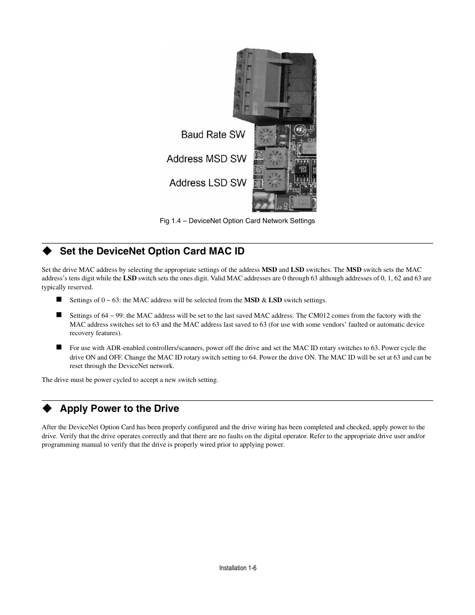 Set the devicenet option card mac id, Apply power to the drive | Yaskawa CM012 DeviceNet Option Card User Manual | Page 11 / 76