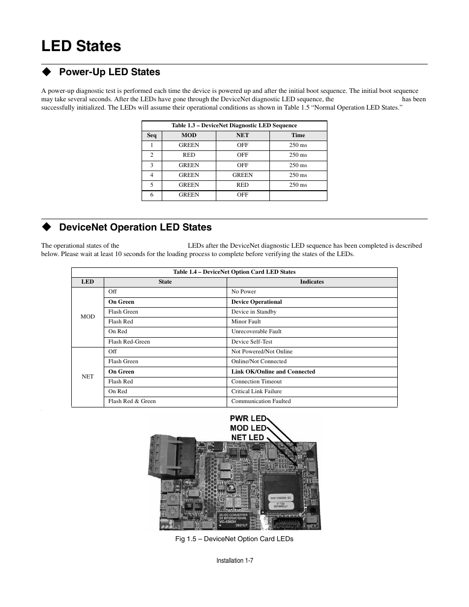 Led states, Power-up led states, Devicenet operation led states | Led states -7 | Yaskawa CM012 DeviceNet Option Card User Manual | Page 12 / 76