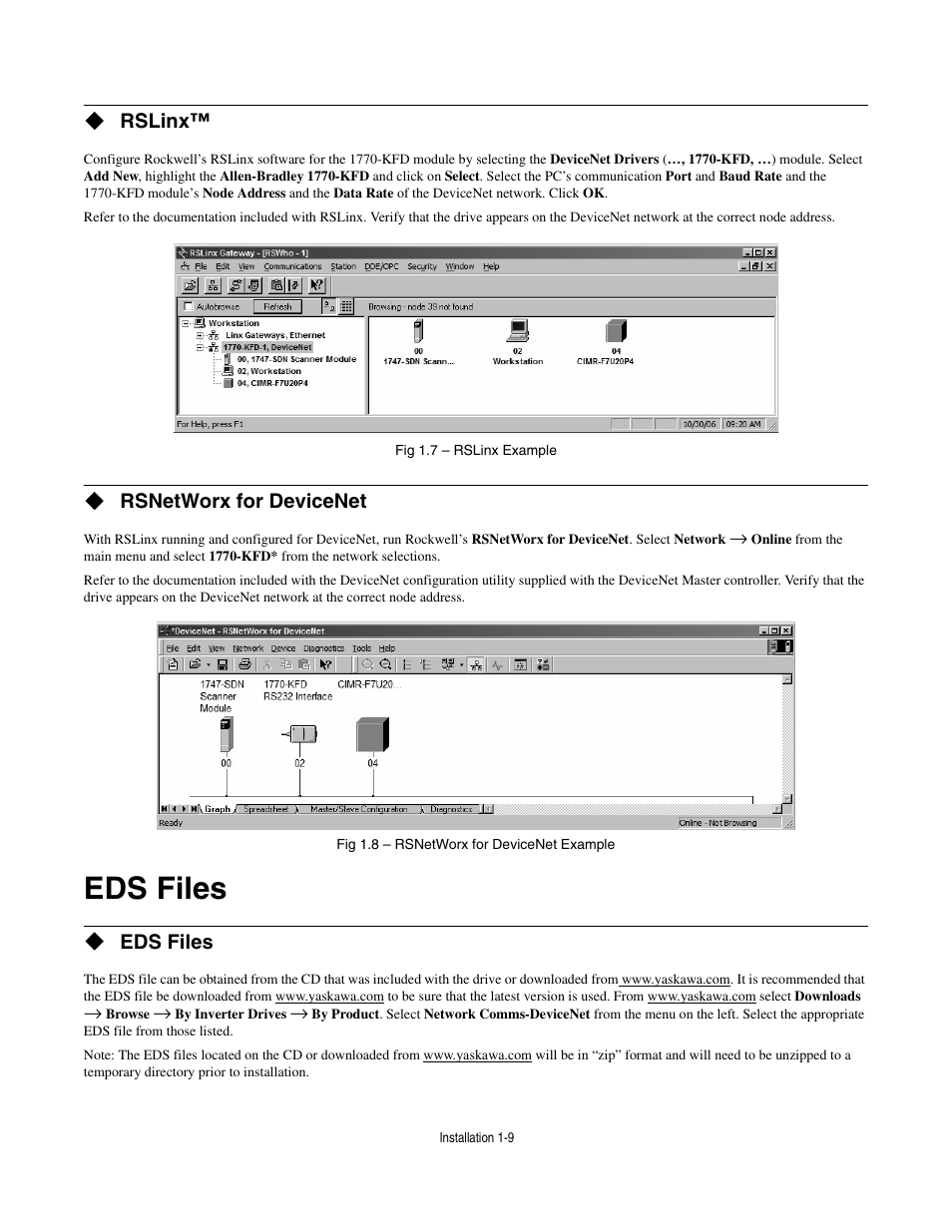 Rslinx, Rsnetworx for devicenet, Eds files | Eds files -9 | Yaskawa CM012 DeviceNet Option Card User Manual | Page 14 / 76