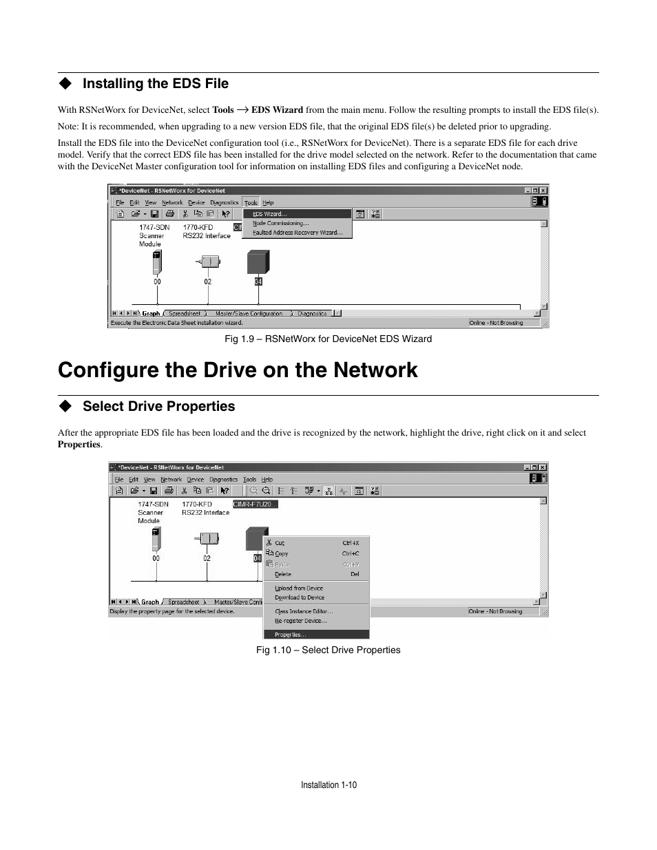Installing the eds file, Configure the drive on the network, Select drive properties | Configure the drive on the network -10 | Yaskawa CM012 DeviceNet Option Card User Manual | Page 15 / 76