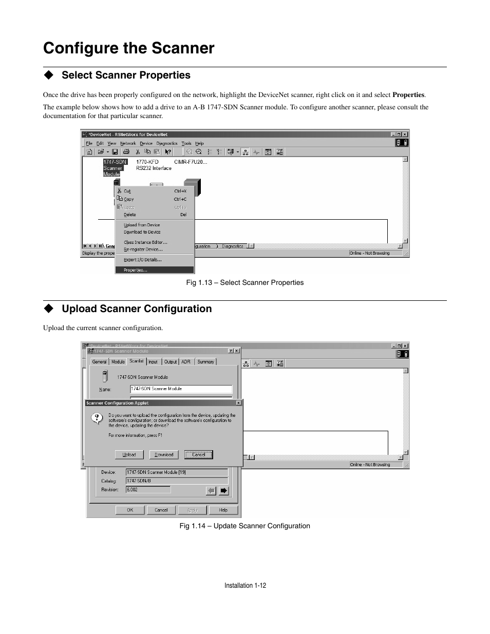 Configure the scanner, Select scanner properties, Upload scanner configuration | Configure the scanner -12 | Yaskawa CM012 DeviceNet Option Card User Manual | Page 17 / 76