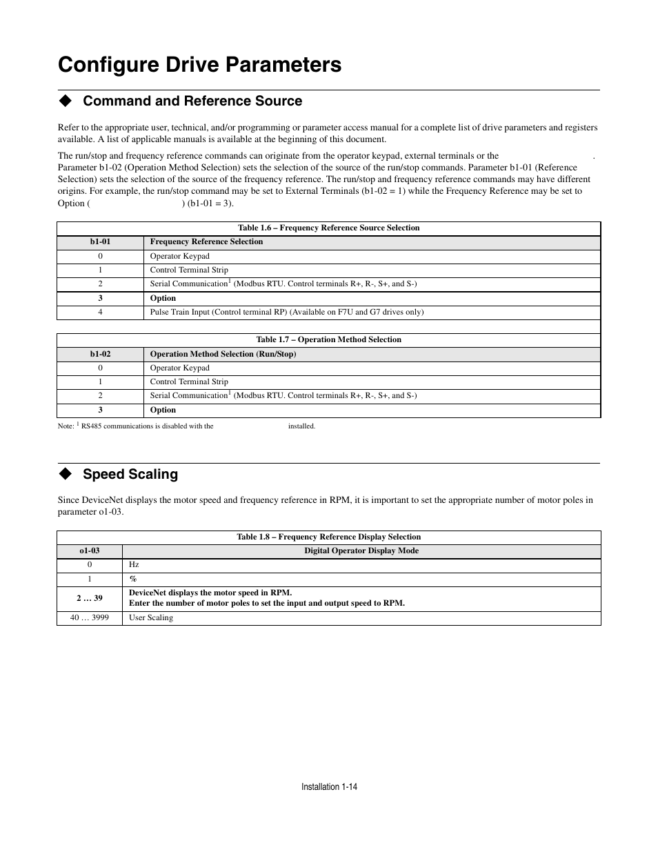Configure drive parameters, Command and reference source, Speed scaling | Configure drive parameters -14 | Yaskawa CM012 DeviceNet Option Card User Manual | Page 19 / 76