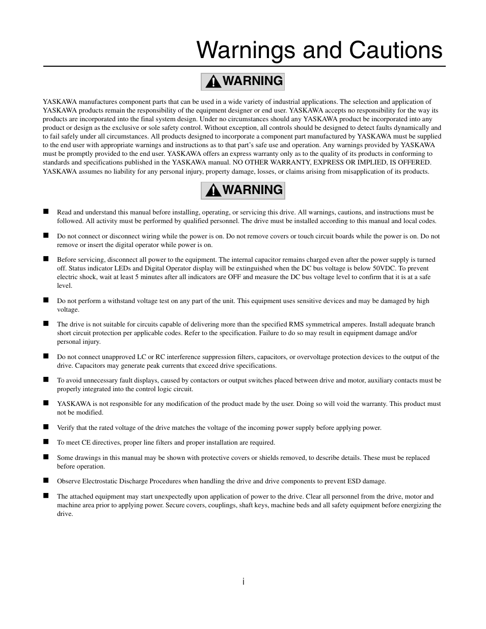 Warnings and cautions, Warning | Yaskawa CM012 DeviceNet Option Card User Manual | Page 2 / 76
