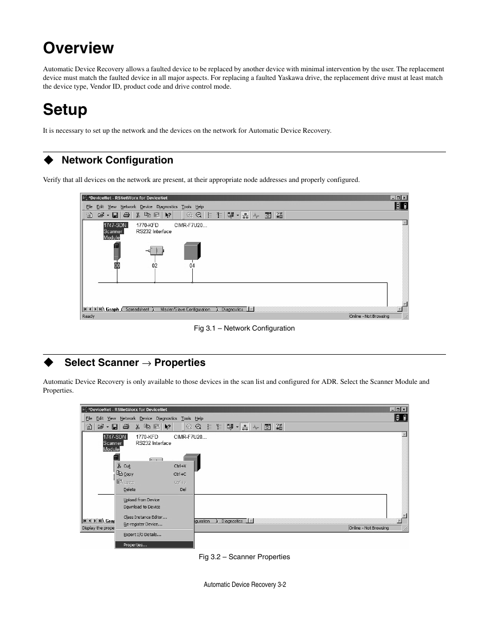 Overview, Setup, Network configuration | Select scanner æ properties, Overview -2, Setup -2 | Yaskawa CM012 DeviceNet Option Card User Manual | Page 61 / 76