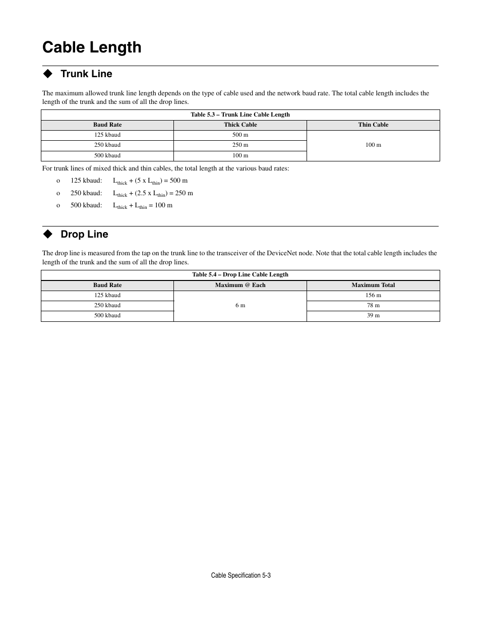 Cable length, Trunk line, Drop line | Cable length -3 | Yaskawa CM012 DeviceNet Option Card User Manual | Page 68 / 76