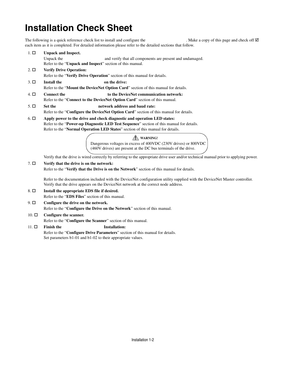 Installation check sheet, Installation check sheet -2 | Yaskawa CM012 DeviceNet Option Card User Manual | Page 7 / 76