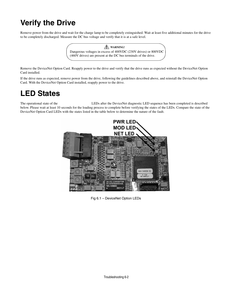 Verify the drive, Led states, Verify the drive -2 | Led states -2 | Yaskawa CM012 DeviceNet Option Card User Manual | Page 71 / 76
