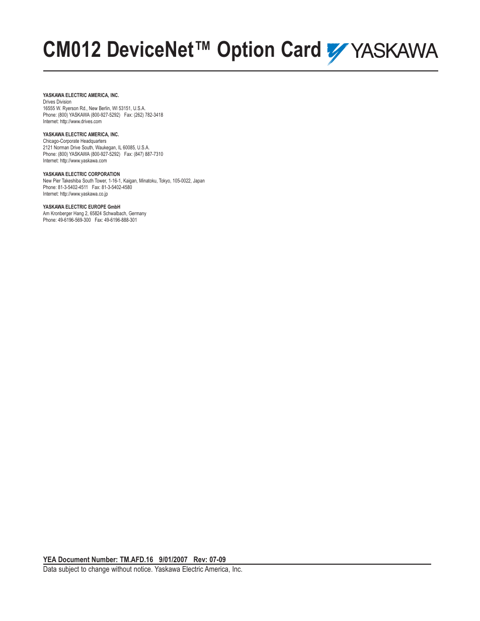 Rear cover, Cm012 devicenet™ option card | Yaskawa CM012 DeviceNet Option Card User Manual | Page 76 / 76