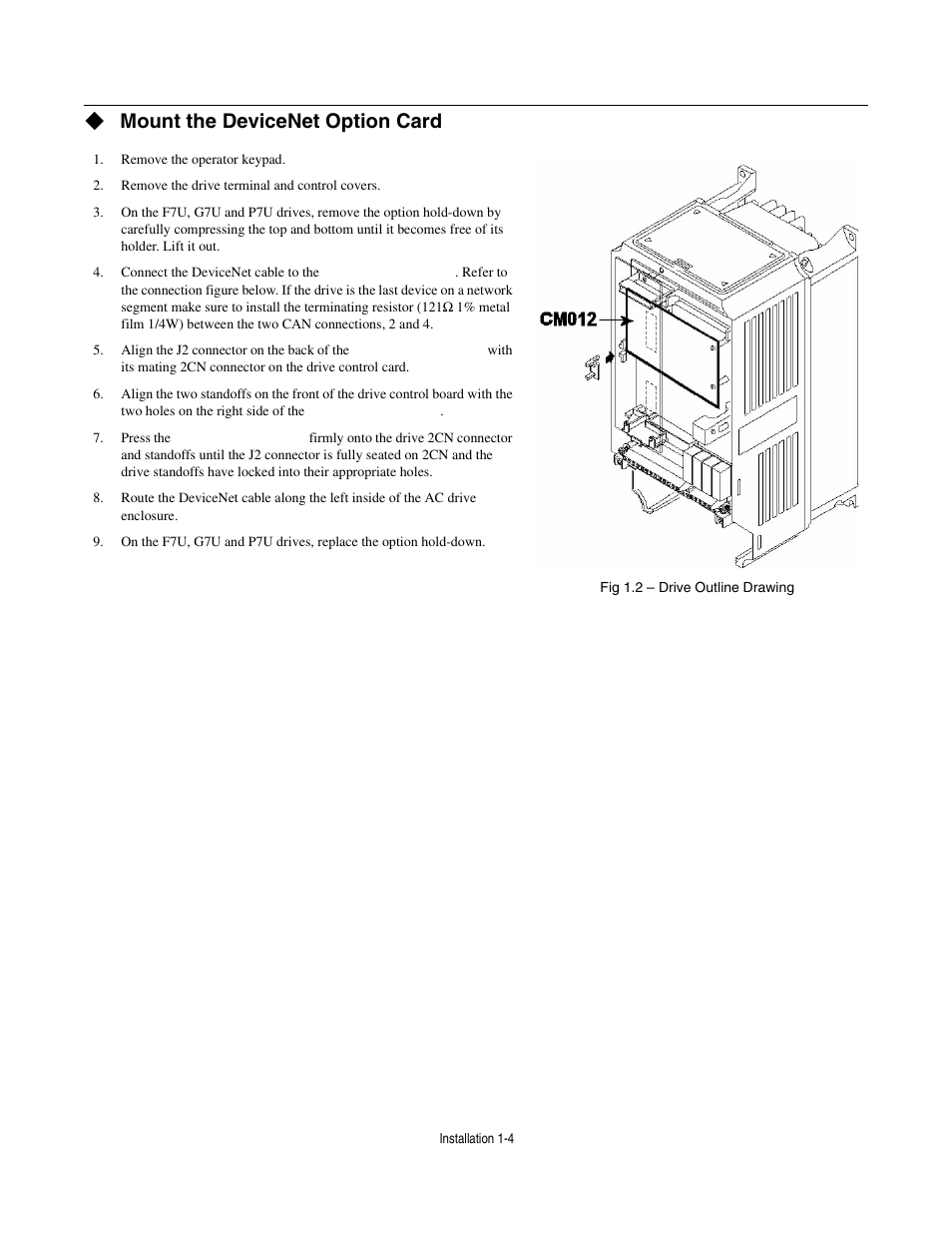 Mount the devicenet option card | Yaskawa CM012 DeviceNet Option Card User Manual | Page 9 / 76