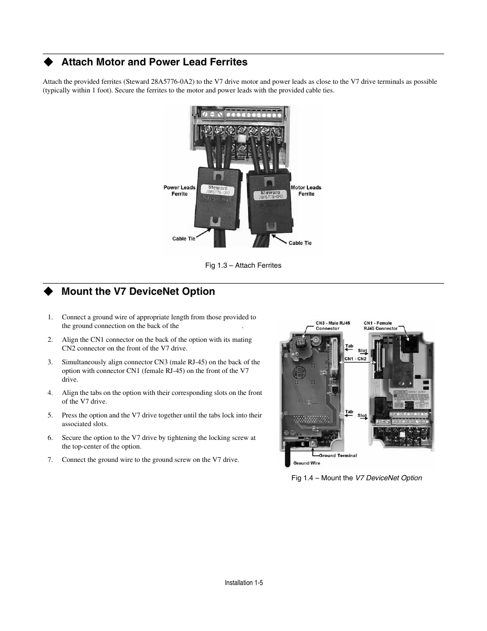 Attach motor and power lead ferrites, Mount the v7 devicenet option | Yaskawa CM013 V7 DeviceNet Option User Manual | Page 10 / 60