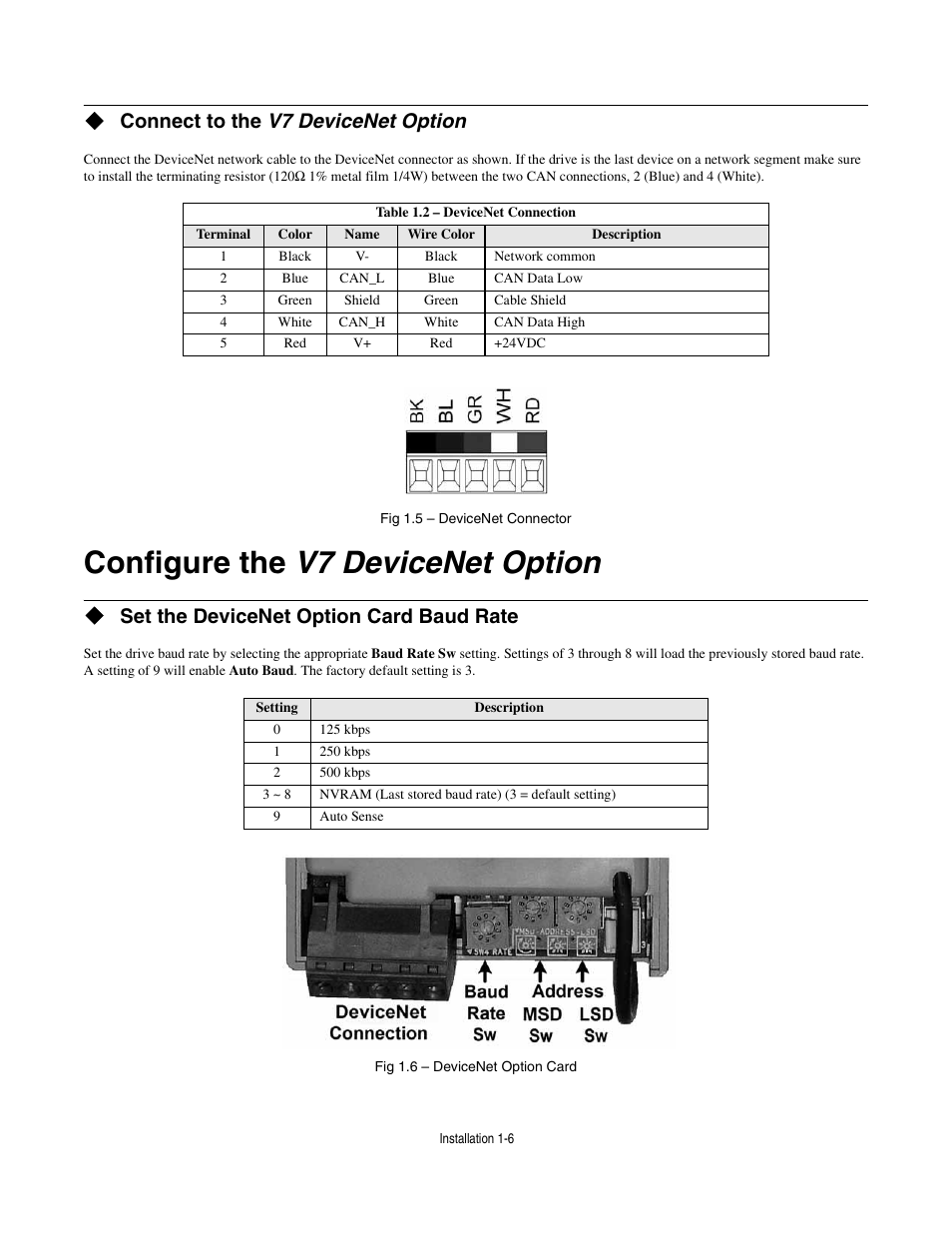 Connect to the v7 devicenet option, Configure the v7 devicenet option, Set the devicenet option card baud rate | Configure the v7 de | Yaskawa CM013 V7 DeviceNet Option User Manual | Page 11 / 60
