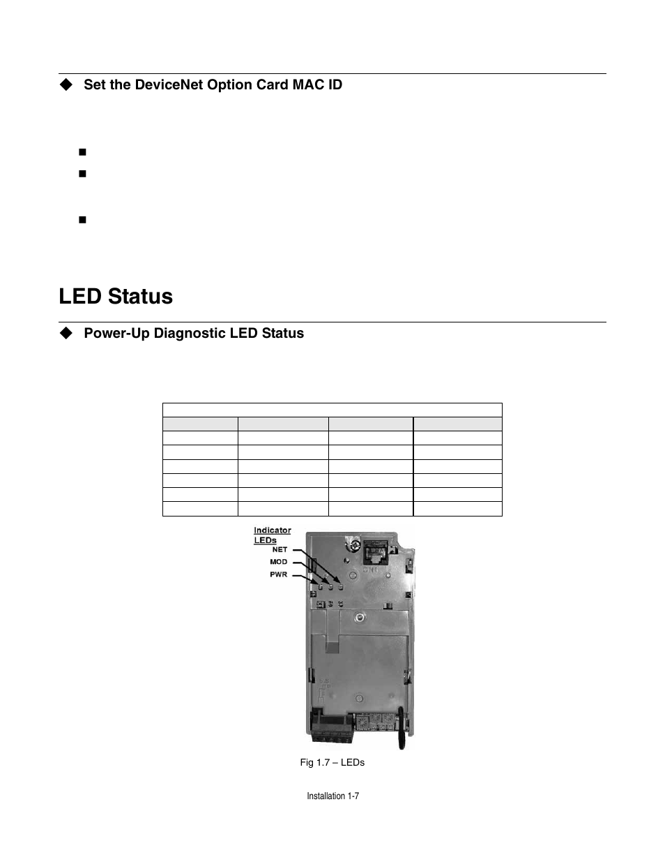 Set the devicenet option card mac id, Led status, Power-up diagnostic led status | Led status -7 | Yaskawa CM013 V7 DeviceNet Option User Manual | Page 12 / 60