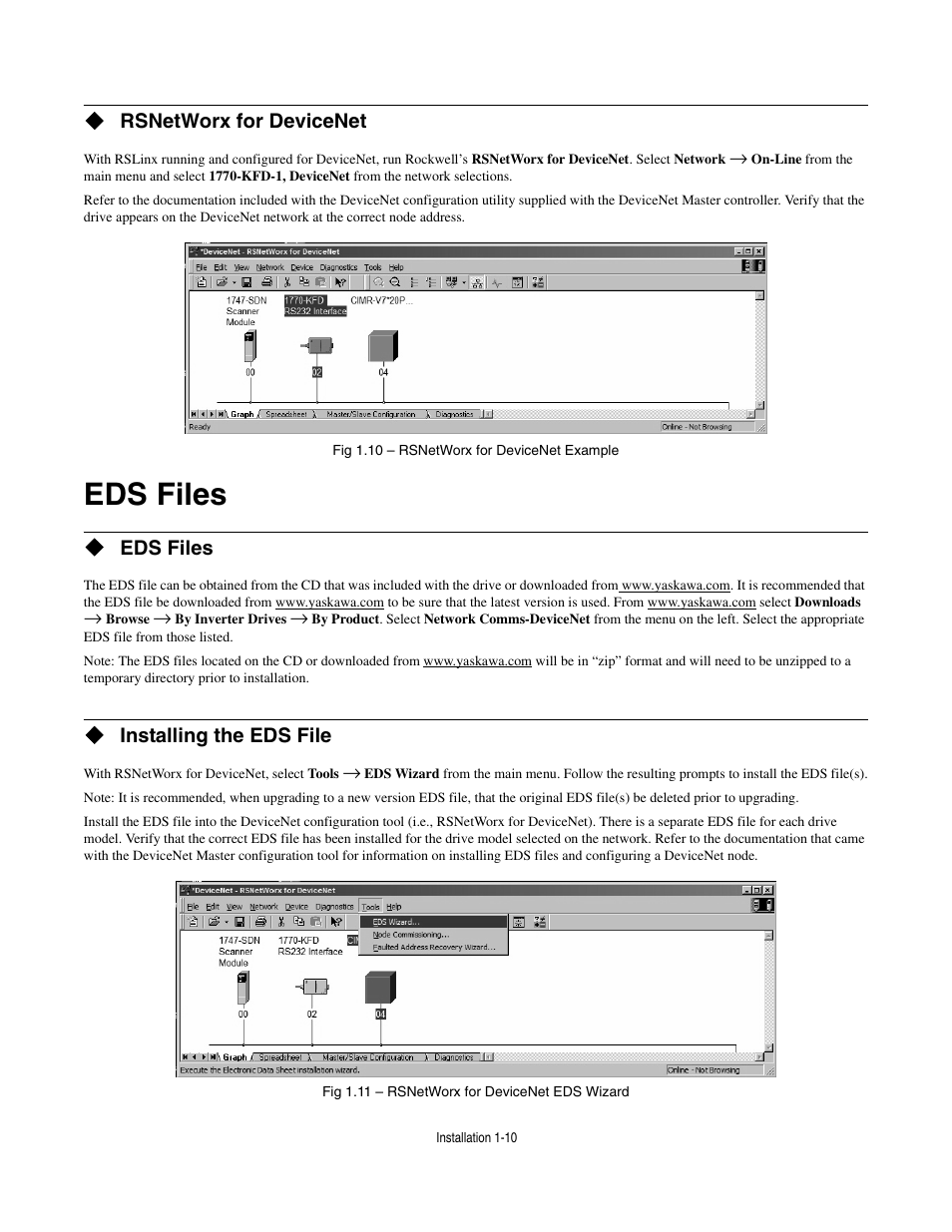 Rsnetworx for devicenet, Eds files, Installing the eds file | Eds files -10 | Yaskawa CM013 V7 DeviceNet Option User Manual | Page 15 / 60