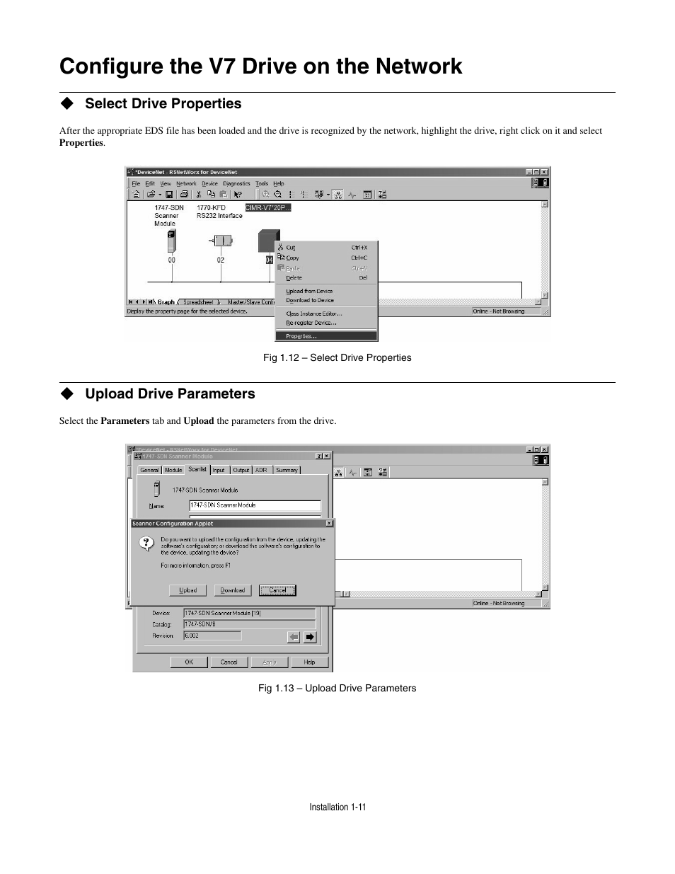 Configure the v7 drive on the network, Select drive properties, Upload drive parameters | Configure the v7 drive on the network -11 | Yaskawa CM013 V7 DeviceNet Option User Manual | Page 16 / 60
