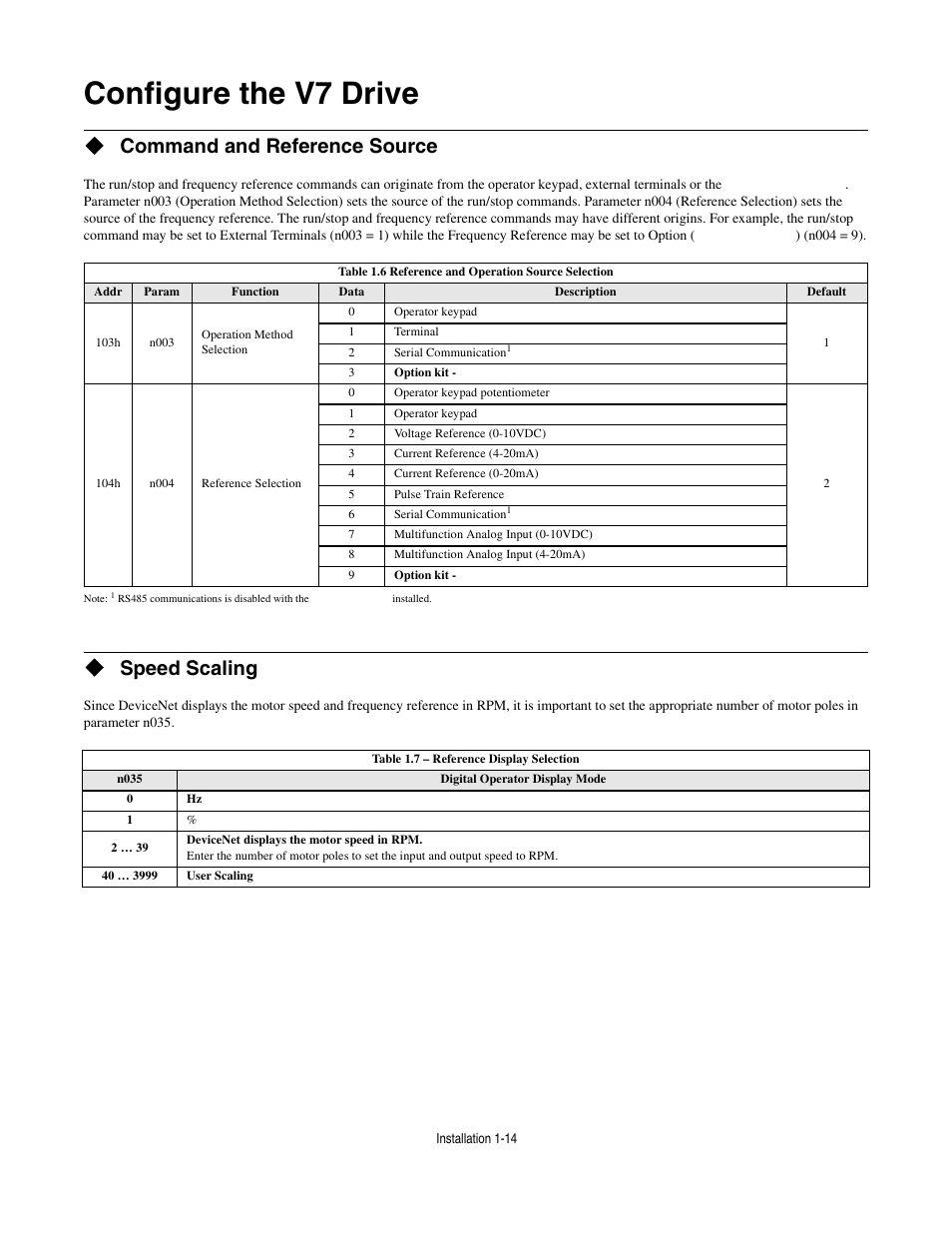 Configure the v7 drive, Command and reference source, Speed scaling | Configure the v7 drive -14 | Yaskawa CM013 V7 DeviceNet Option User Manual | Page 19 / 60