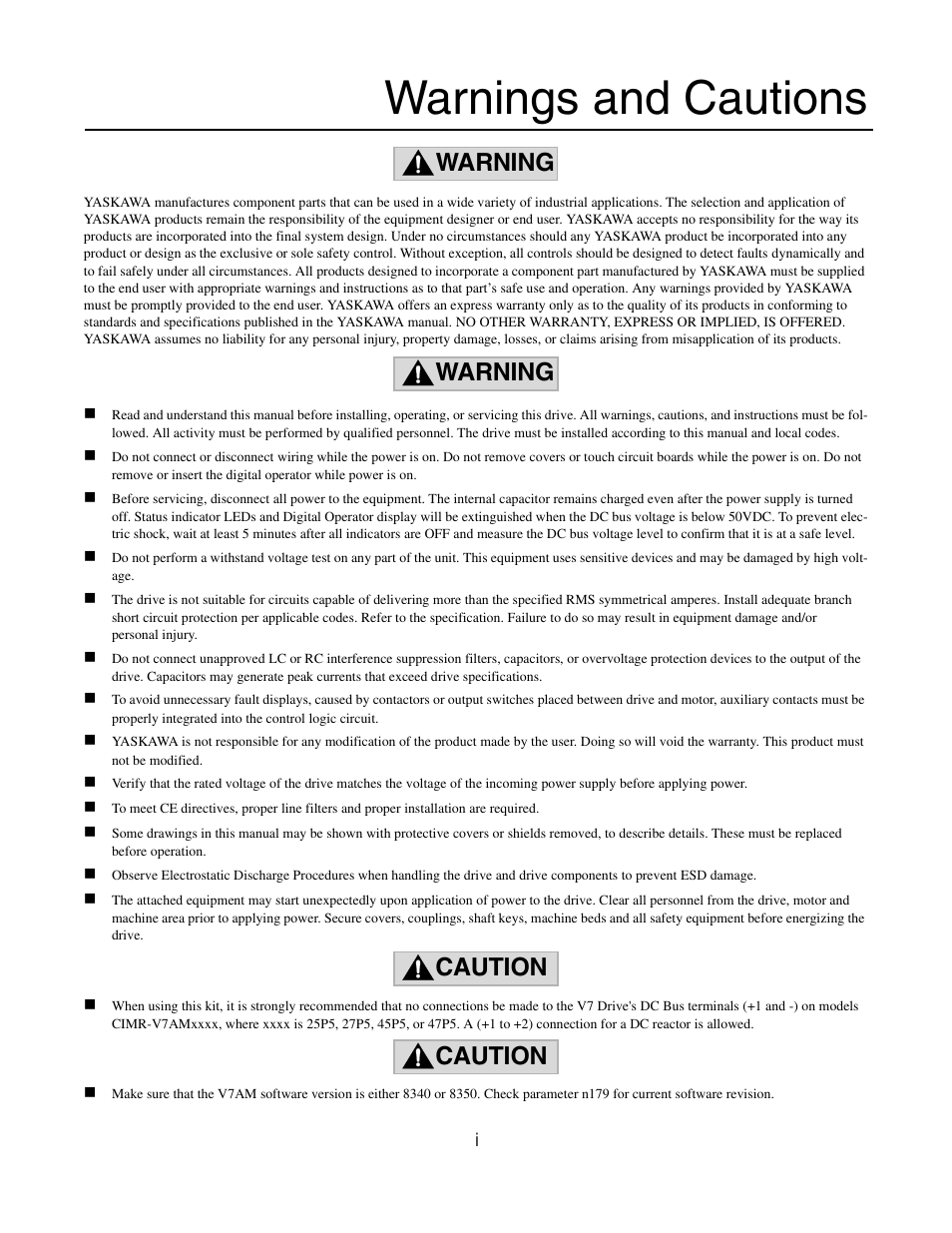 Warnings and cautions, Warning, Warning caution caution | Yaskawa CM013 V7 DeviceNet Option User Manual | Page 2 / 60