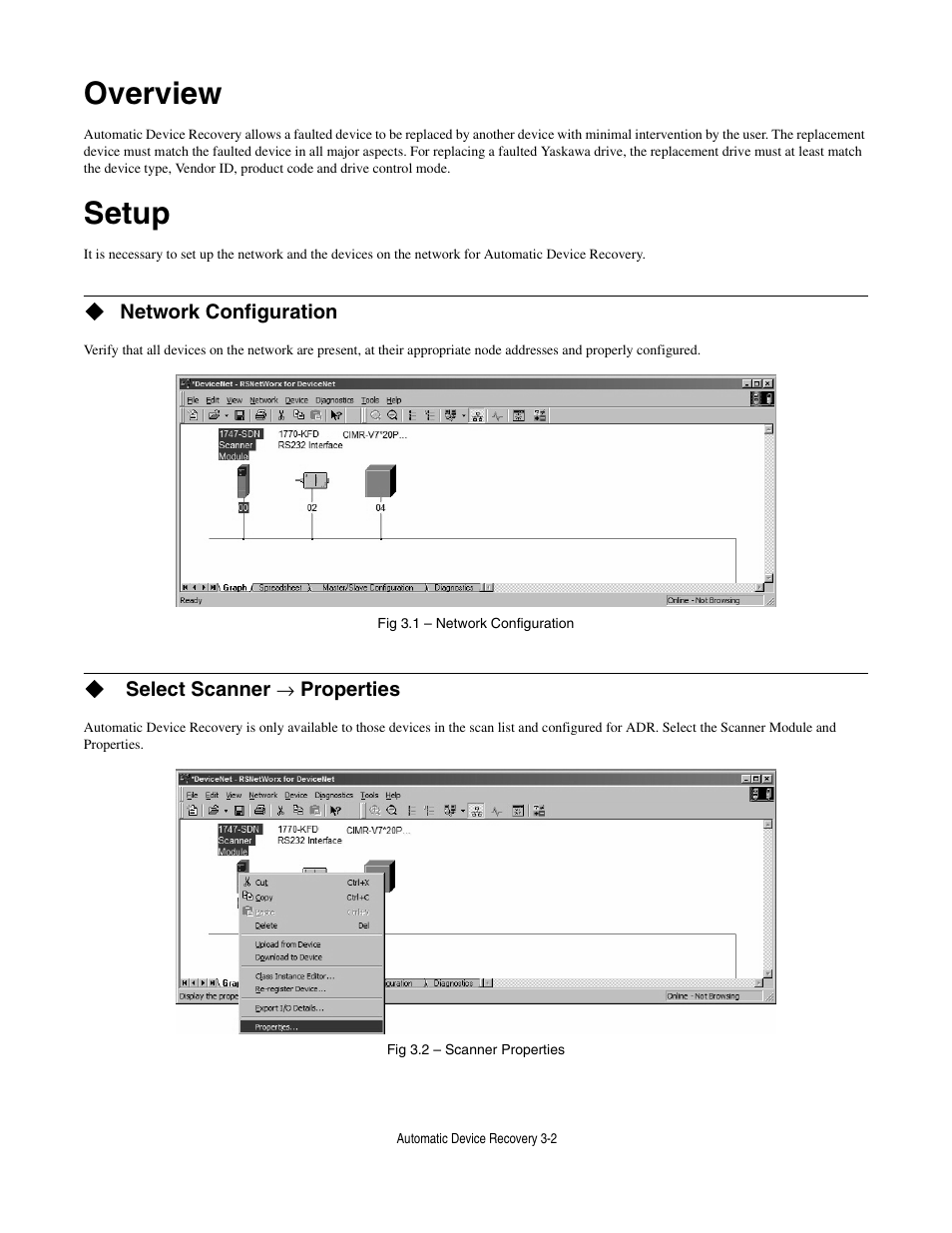 Overview, Setup, Network configuration | Select scanner æ properties, Overview -2, Setup -2 | Yaskawa CM013 V7 DeviceNet Option User Manual | Page 45 / 60