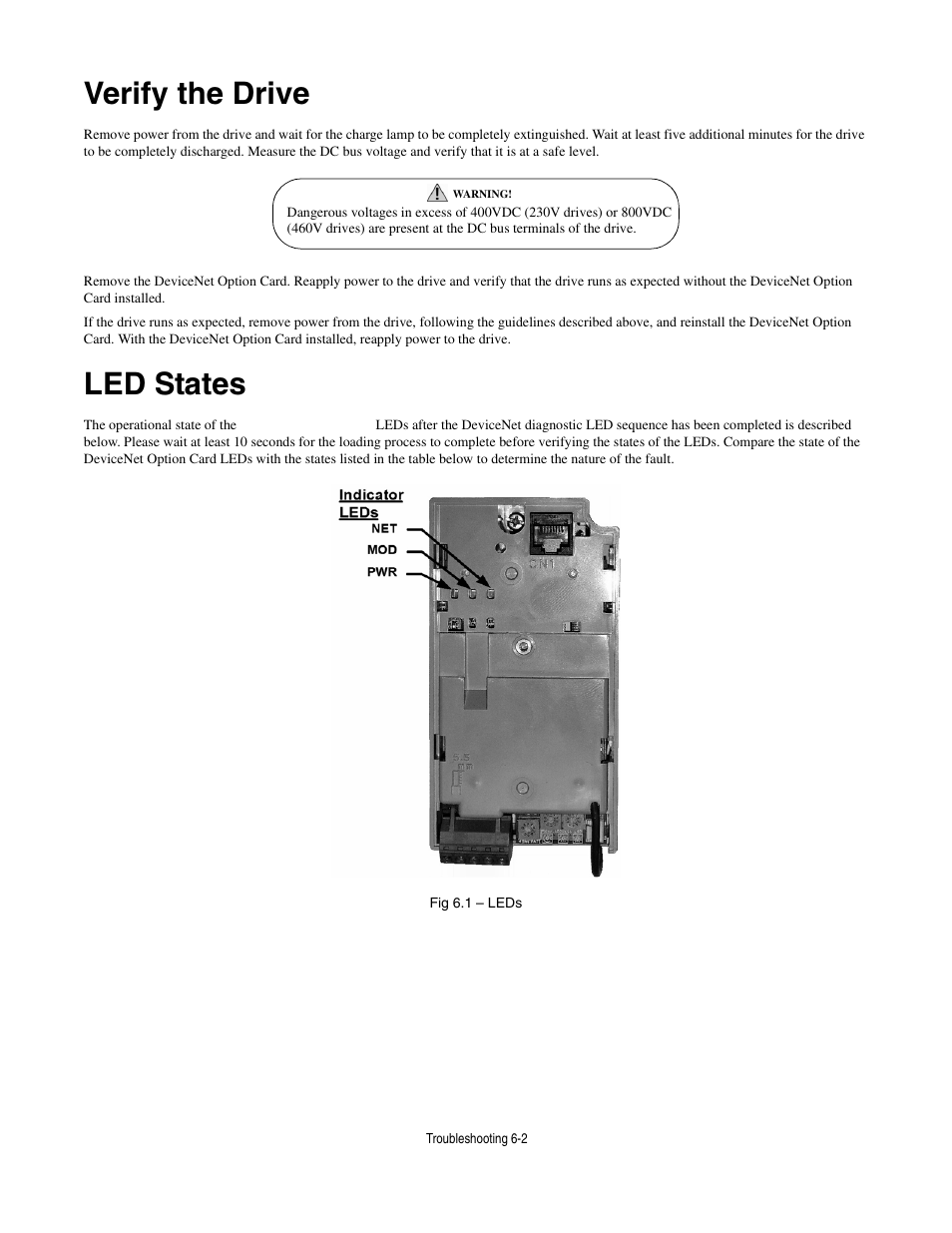 Verify the drive, Led states, Verify the drive -2 | Led states -2 | Yaskawa CM013 V7 DeviceNet Option User Manual | Page 55 / 60