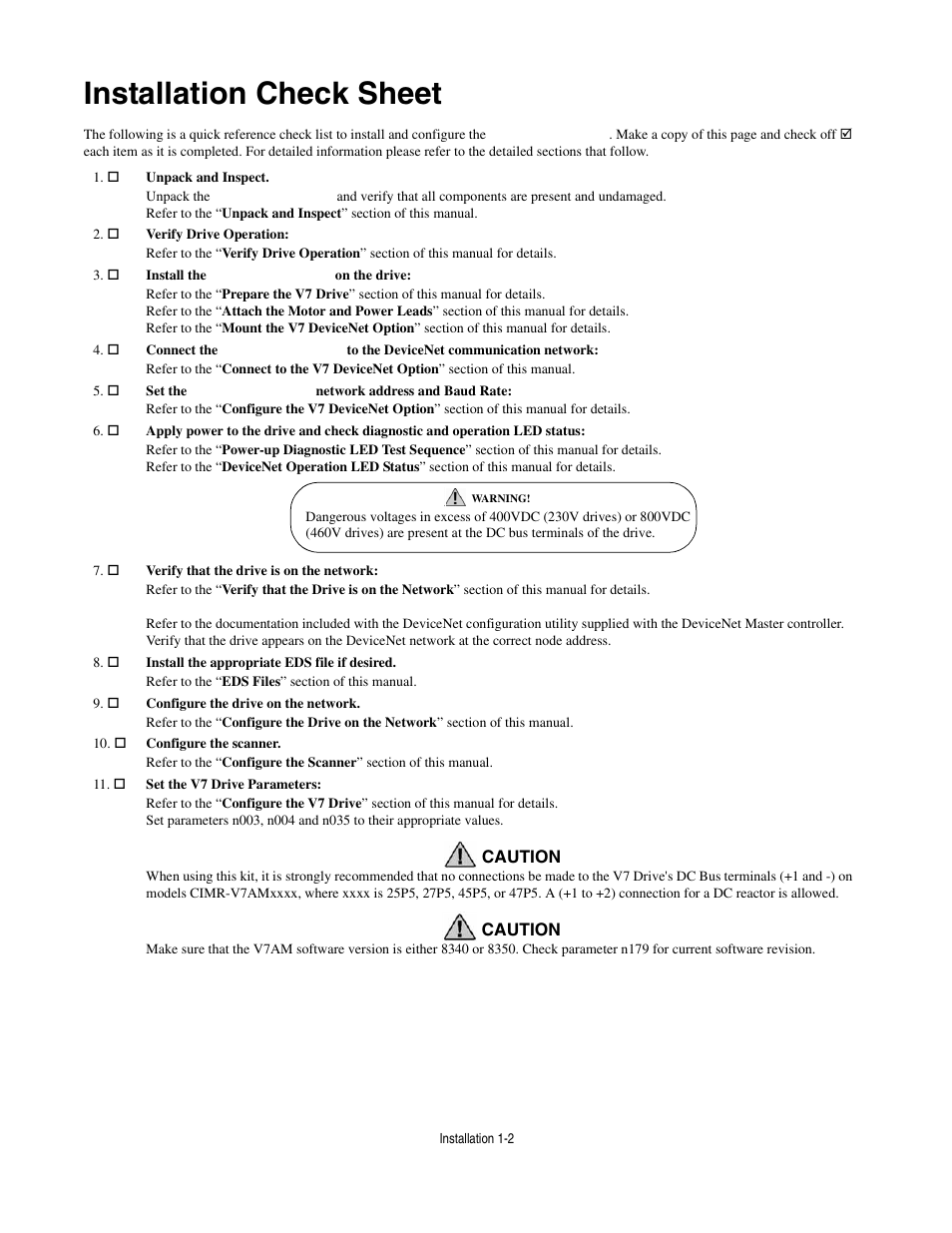 Installation check sheet, Installation check sheet -2 | Yaskawa CM013 V7 DeviceNet Option User Manual | Page 7 / 60