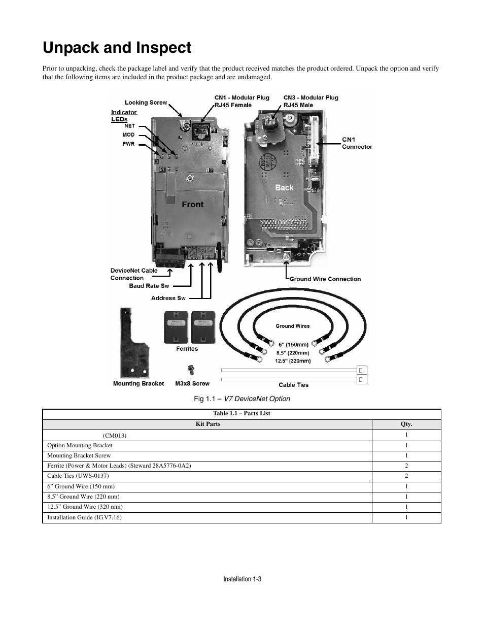 Unpack and inspect, Unpack and inspect -3 | Yaskawa CM013 V7 DeviceNet Option User Manual | Page 8 / 60