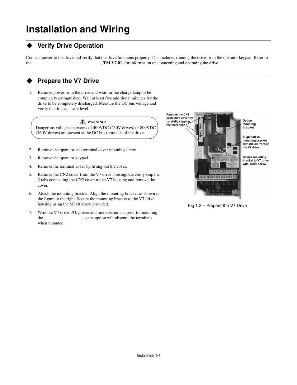 Installation and wiring, Verify drive operation, Prepare the v7 drive | Installation and wiring -4 | Yaskawa CM013 V7 DeviceNet Option User Manual | Page 9 / 60