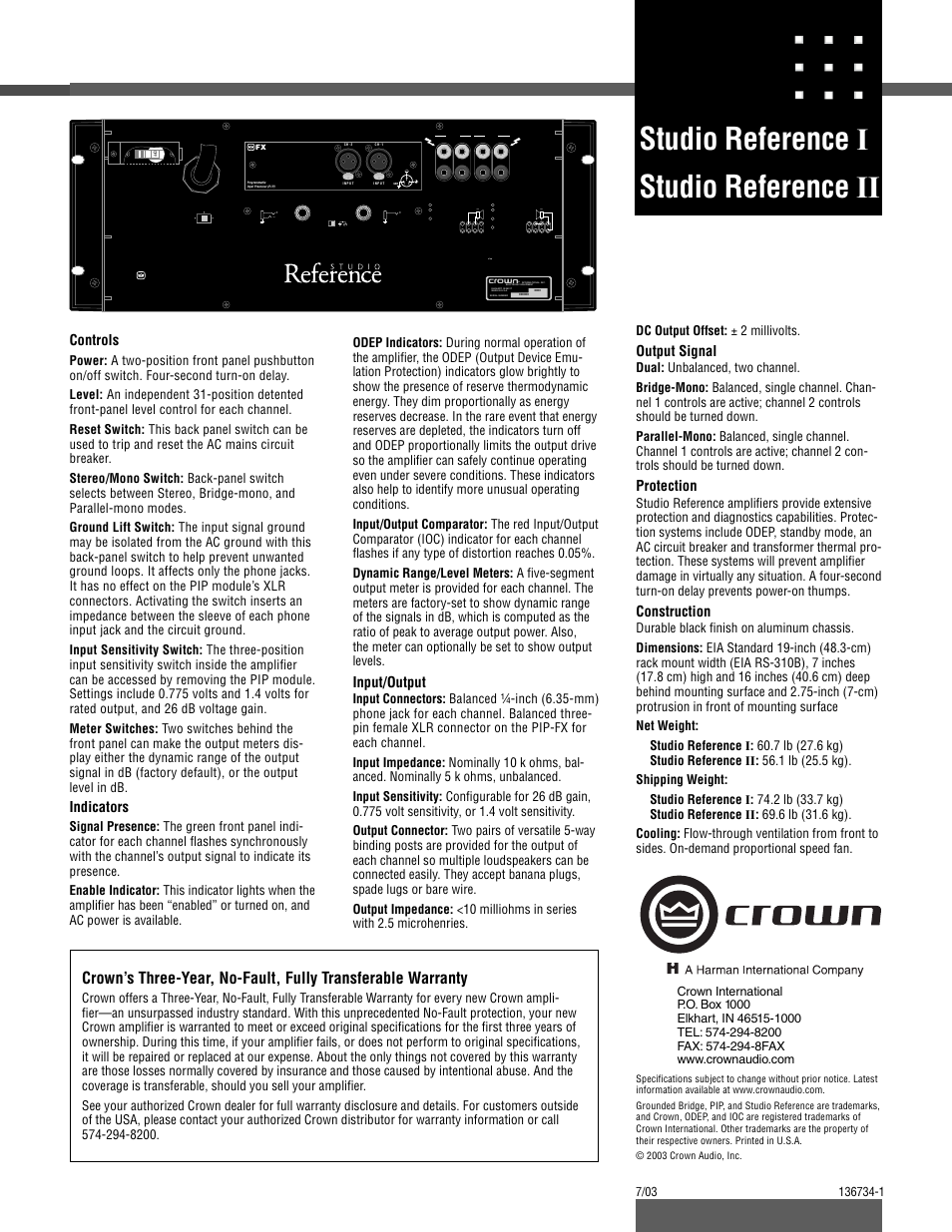 Studio reference i studio reference ii, Controls, Indicators | Input/output, Output signal, Protection, Construction | Crown Audio SR-I User Manual | Page 2 / 2