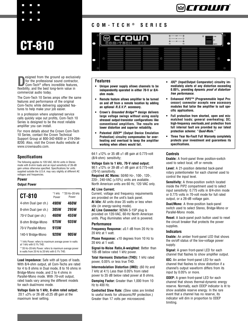 Crown Audio CT-810 User Manual | 2 pages