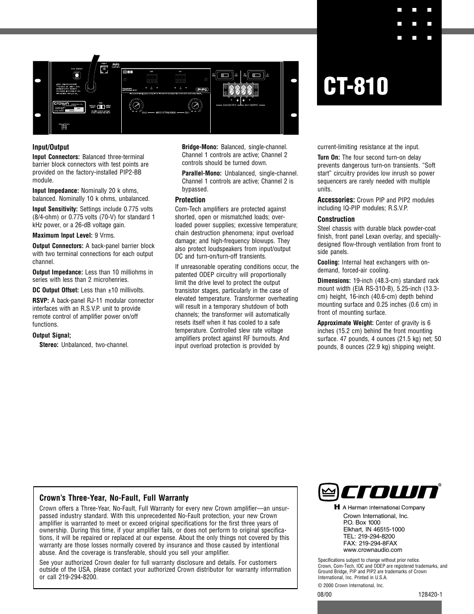 Ct-810 | Crown Audio CT-810 User Manual | Page 2 / 2