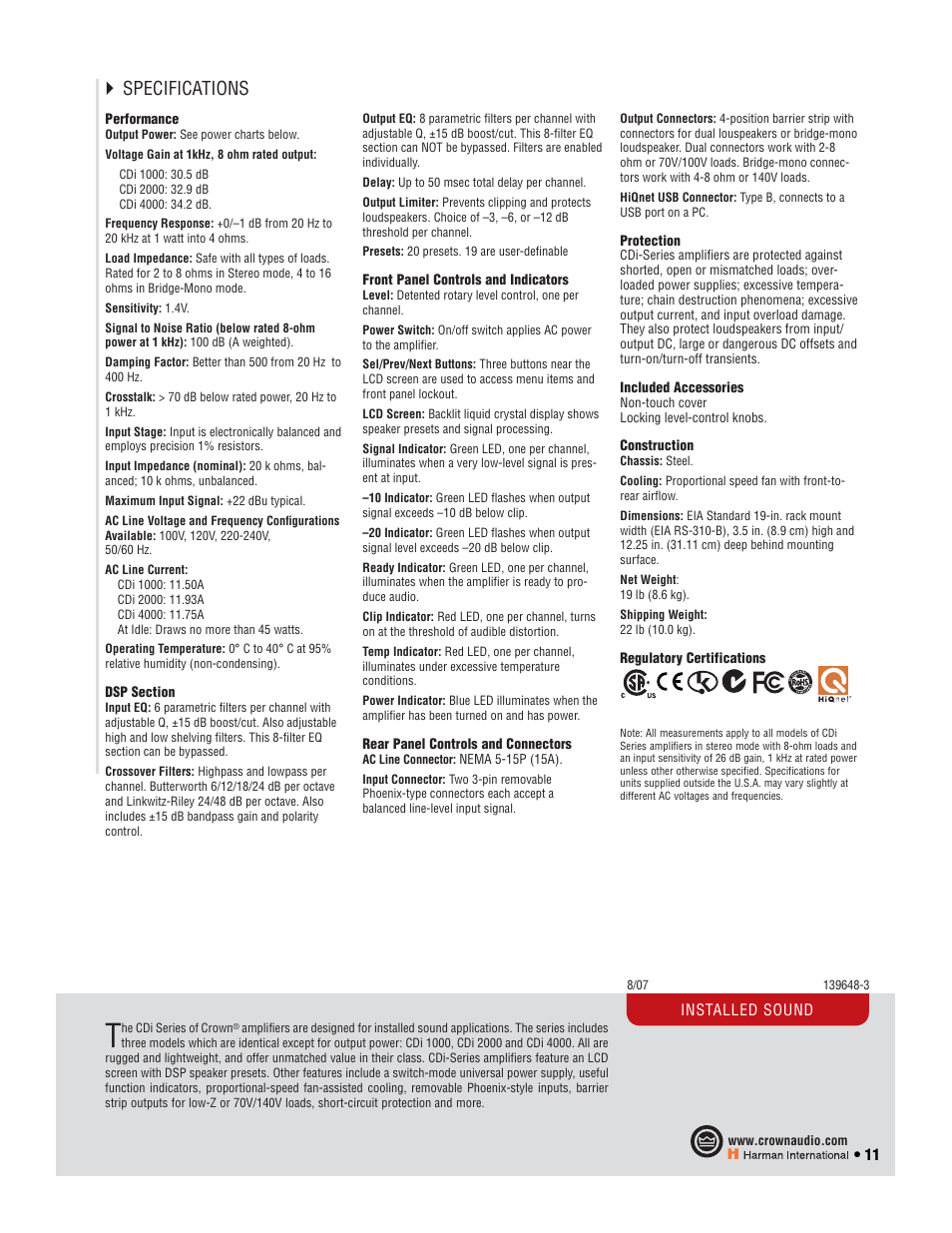 Specifications | Crown Audio CTs 2-Channel User Manual | Page 11 / 83