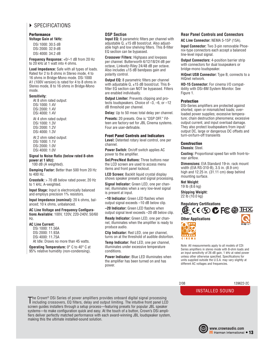 Specifications | Crown Audio CTs 2-Channel User Manual | Page 13 / 83