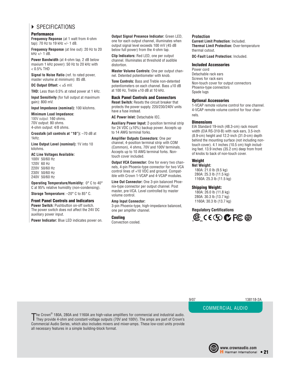 Specifications | Crown Audio CTs 2-Channel User Manual | Page 21 / 83