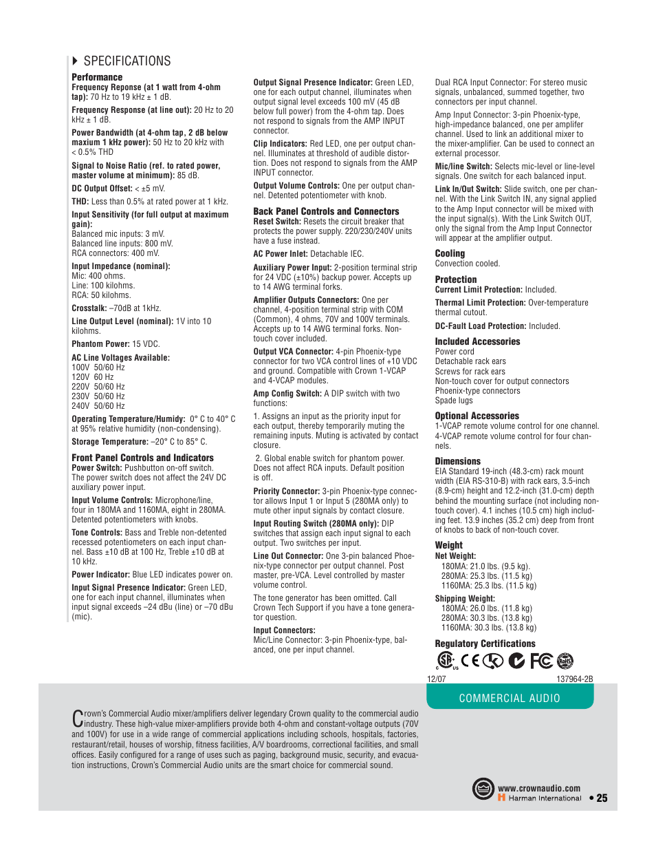 Specifications | Crown Audio CTs 2-Channel User Manual | Page 25 / 83