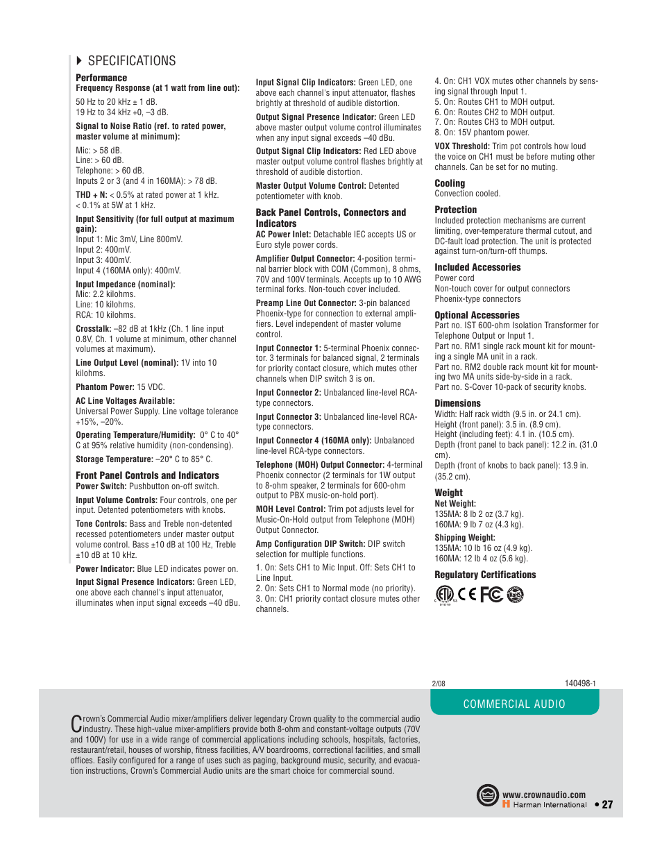 Specifications | Crown Audio CTs 2-Channel User Manual | Page 27 / 83