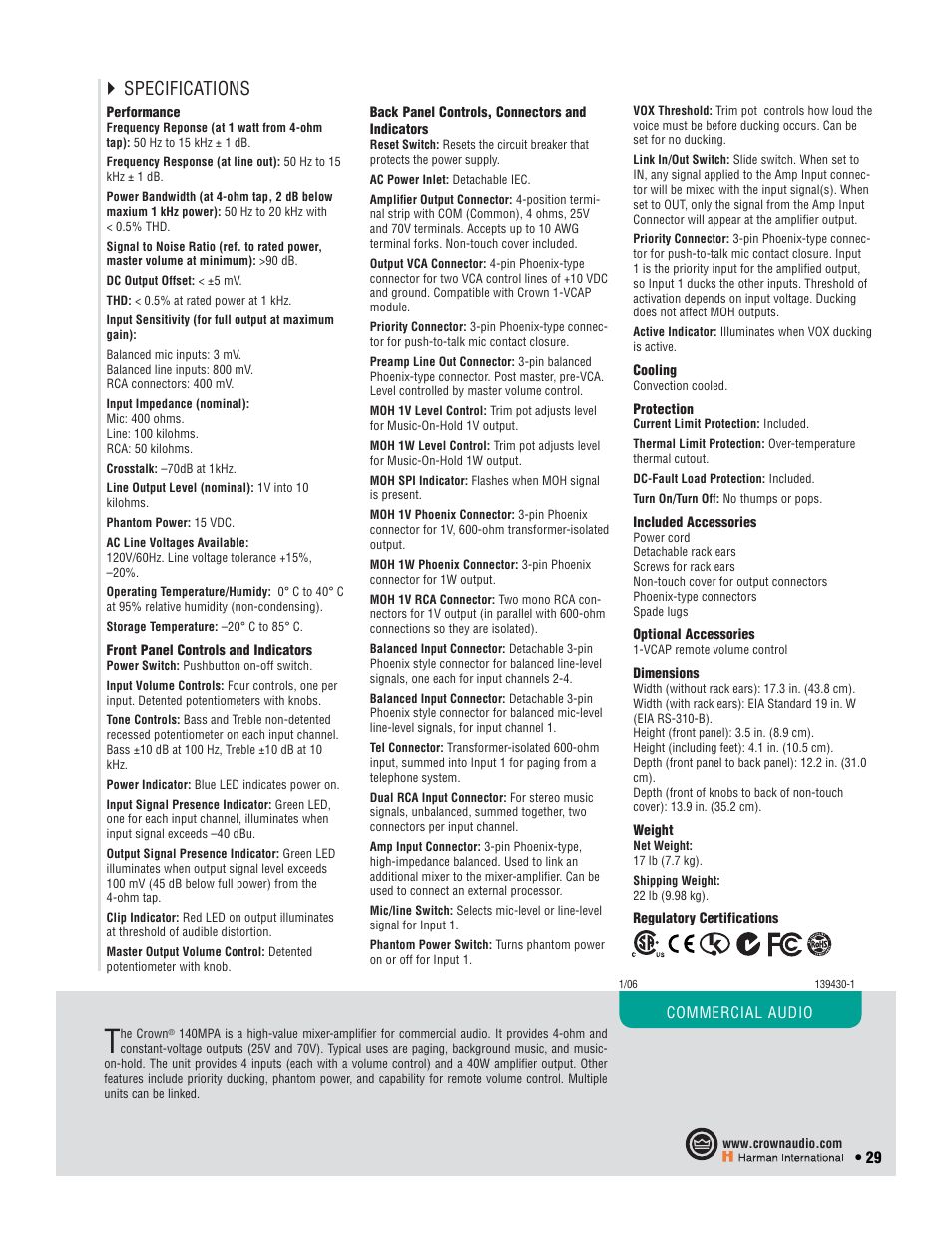 Specifications | Crown Audio CTs 2-Channel User Manual | Page 29 / 83