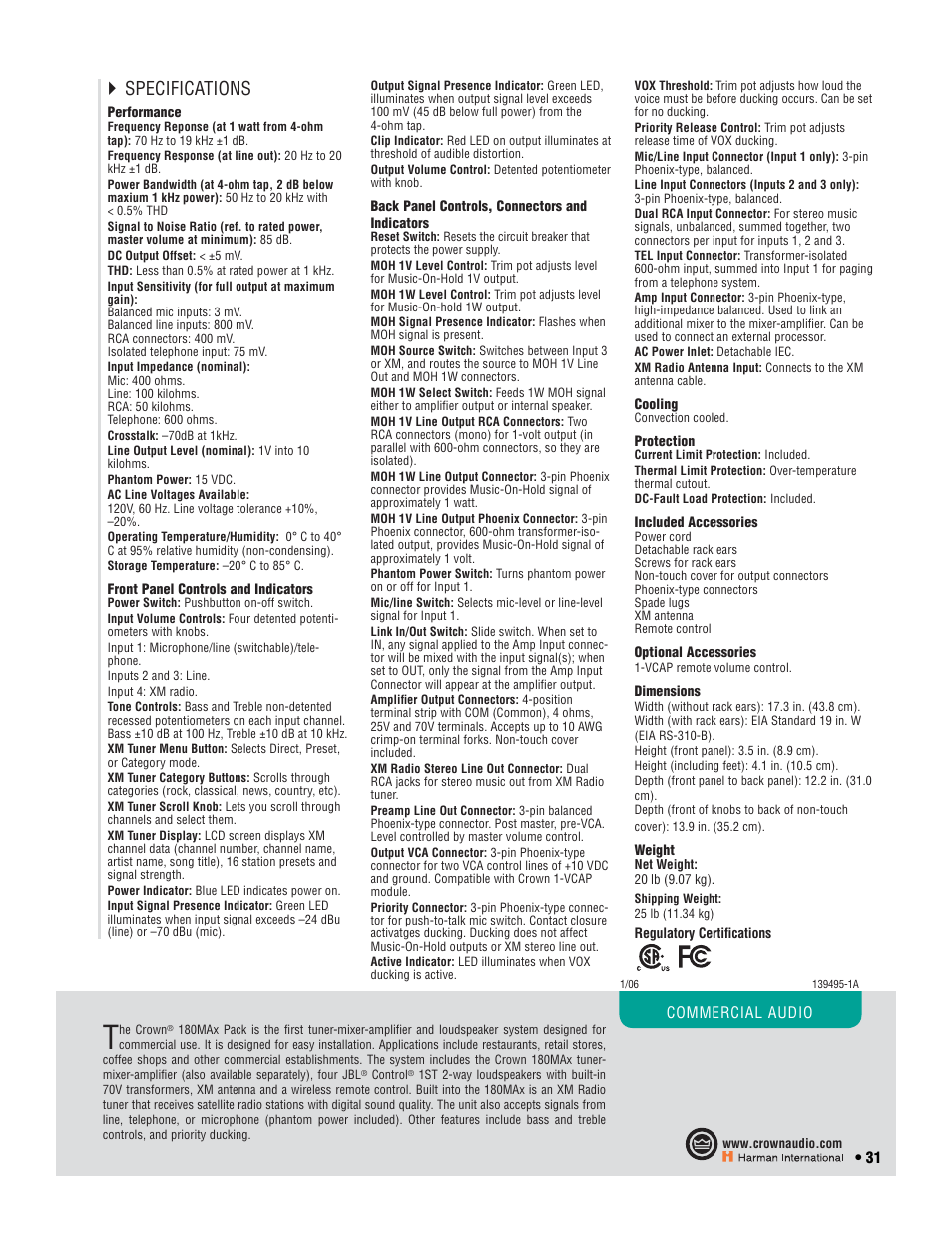 Specifications | Crown Audio CTs 2-Channel User Manual | Page 31 / 83