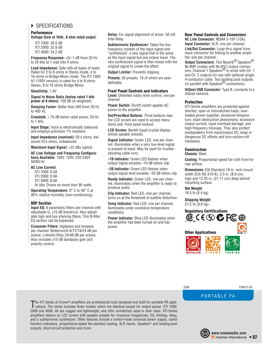 Specifications | Crown Audio CTs 2-Channel User Manual | Page 37 / 83