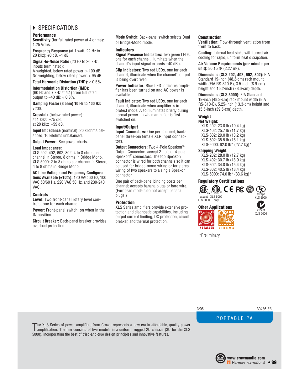 Specifications | Crown Audio CTs 2-Channel User Manual | Page 39 / 83