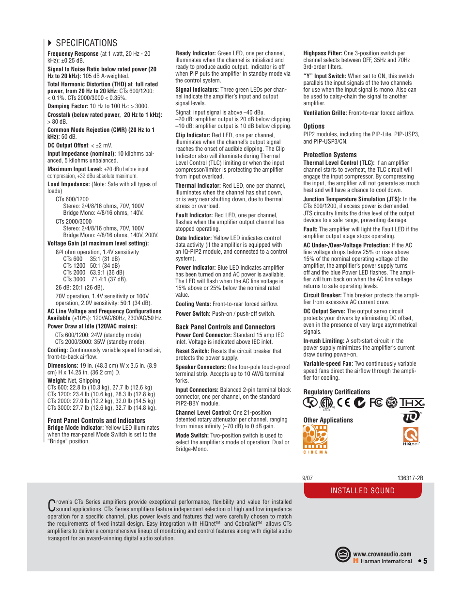 Specifications | Crown Audio CTs 2-Channel User Manual | Page 5 / 83